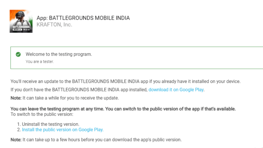 Battlegrounds Mobile India testing program